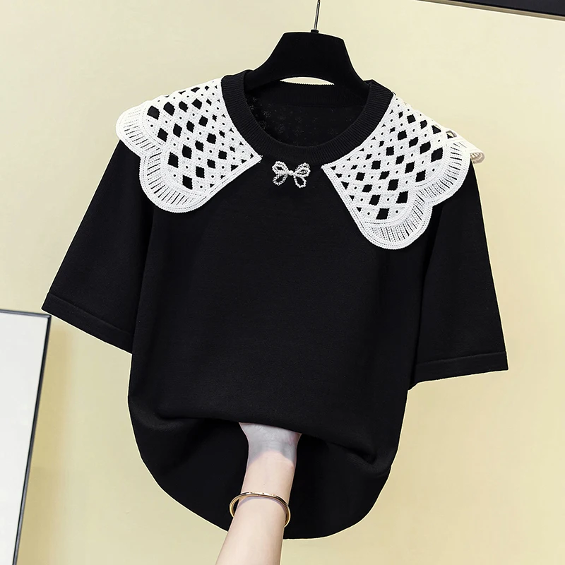 Fashion Bow Beading Stylish Sweater Pullover Women Knitted Tshirt Tops 2023 Summer Drawstring Lace Elegant Knitwear Pull