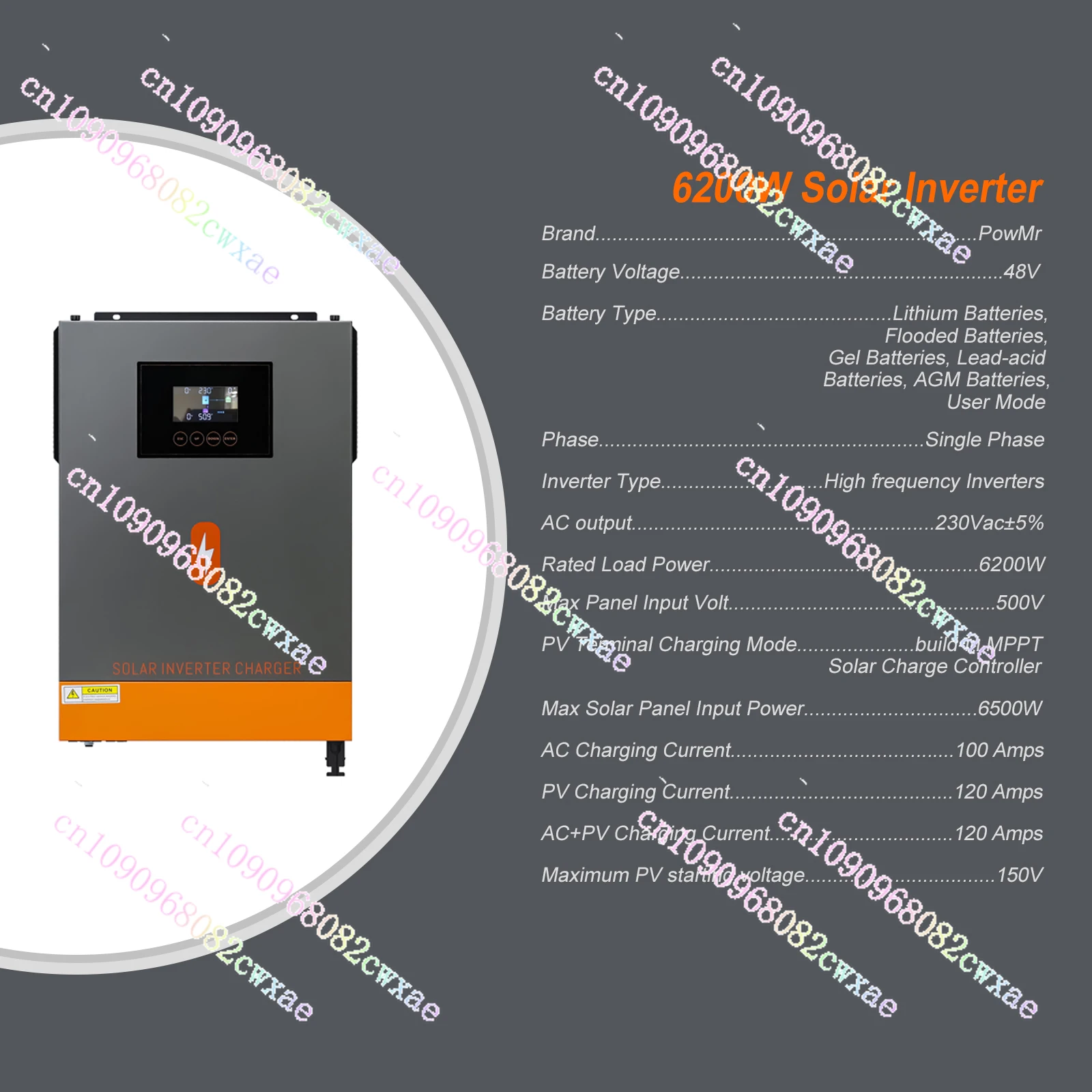PowMr 6200W on Grid/Off Grid Solar Inverter MPPT 120A Solar Charger  Max PV Power 6500W 230V Out-put  DC 48V for Battery Charger
