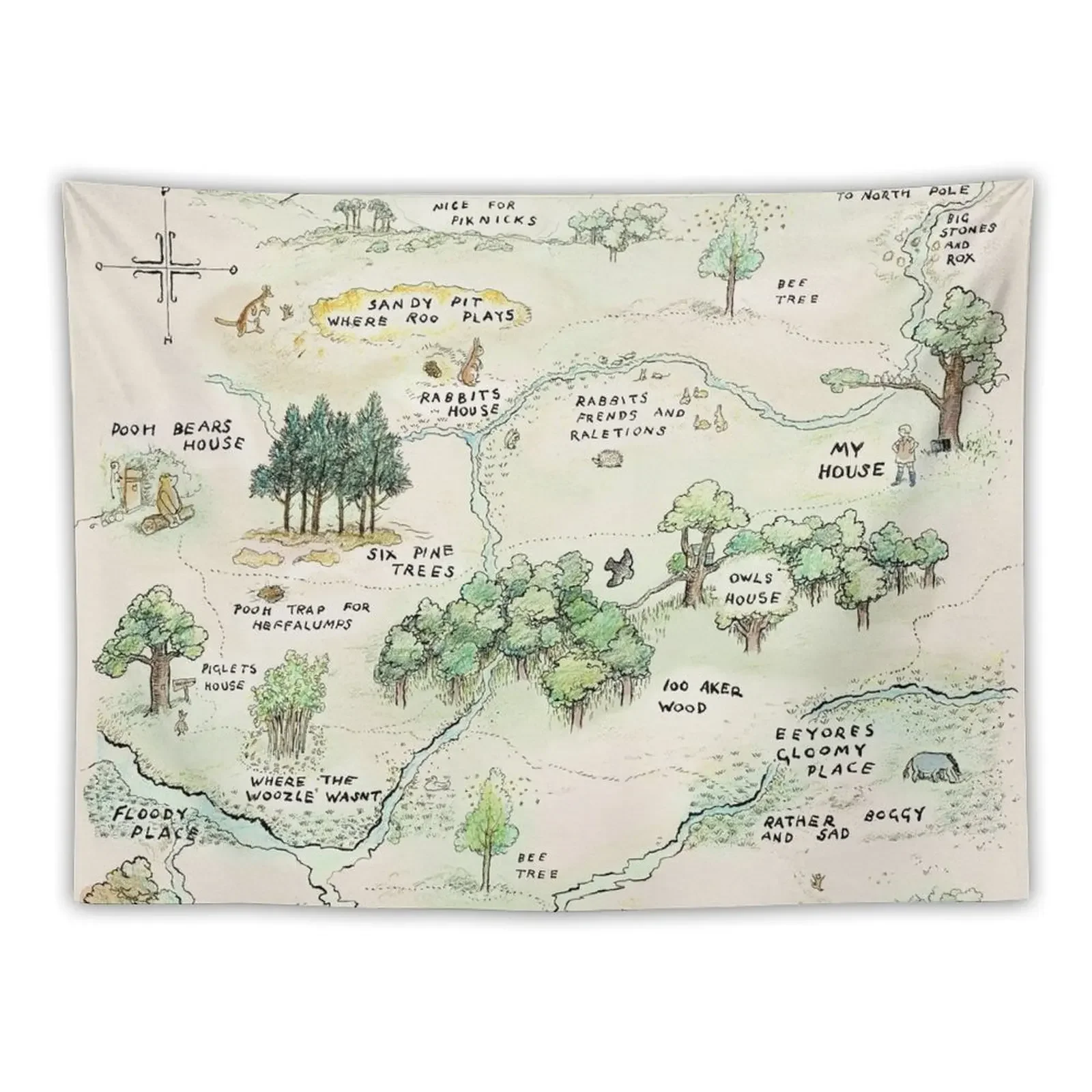 

100 Acre Wood Map by E.H. Shepard Tapestry Hanging Wall Room Ornaments Tapestry