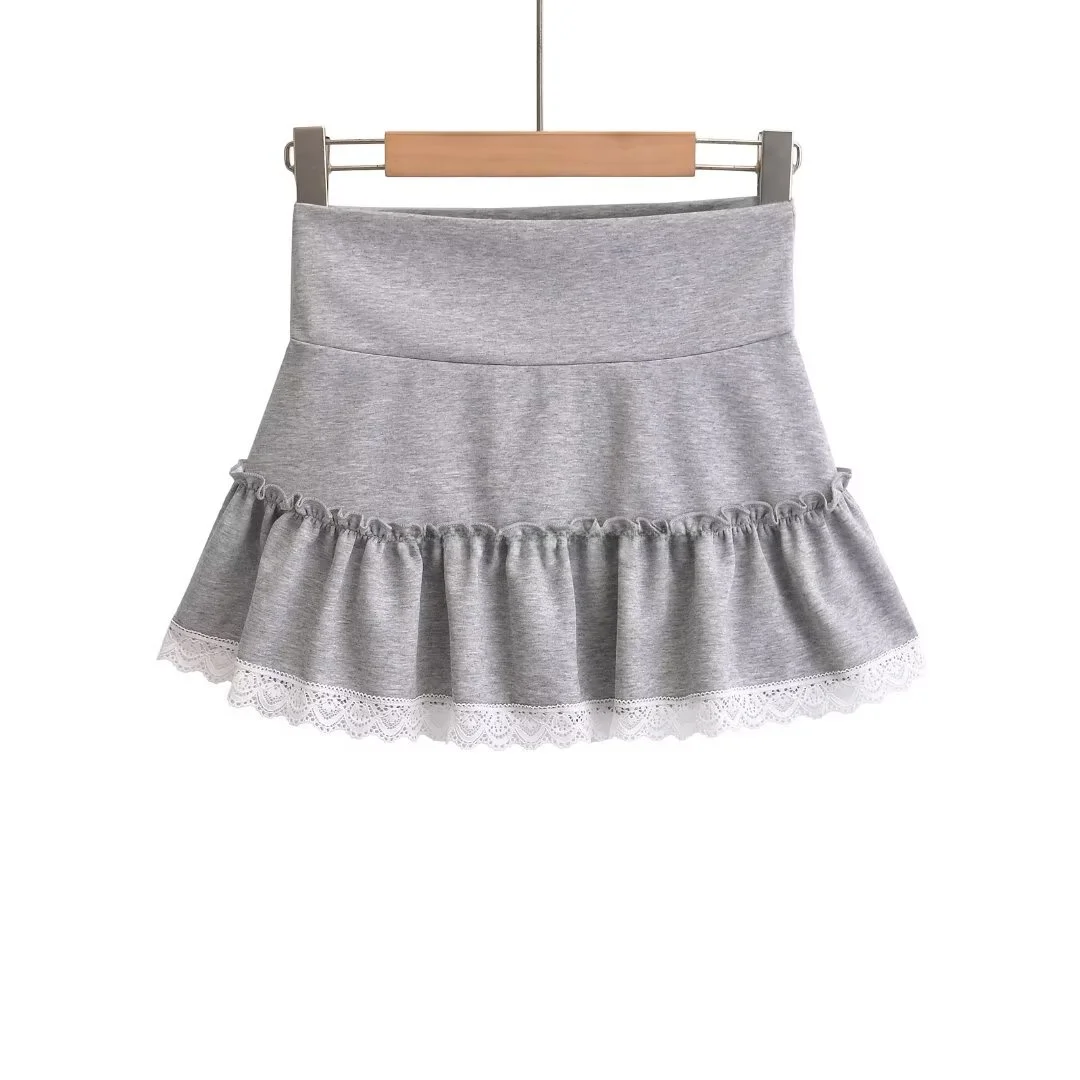High Waist Lace Insert Pleated  Skirt Women's Summer American Retro A-Line Slimming Bodycon Skirt Sweet Style Short Skirt