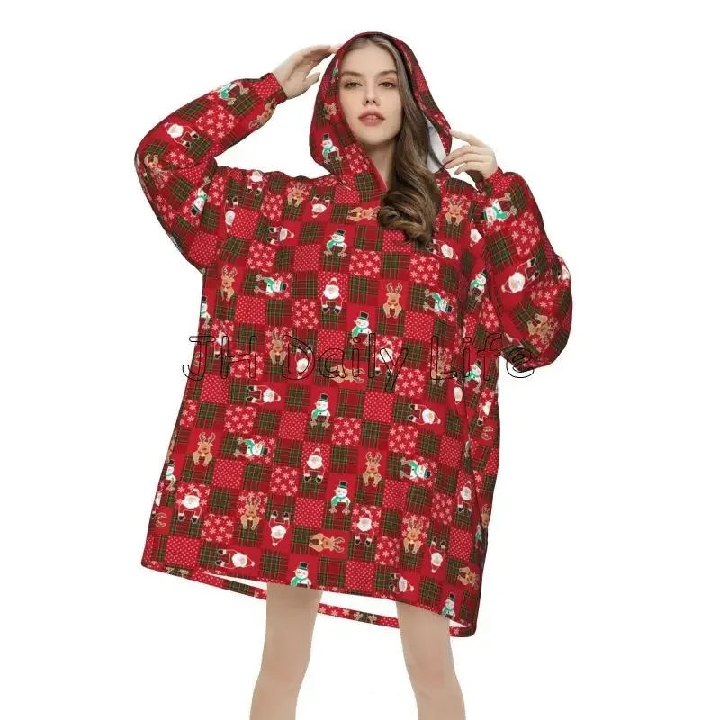 Merry Christmas Snowflake Deer Wearable Blanket Hoodie Snowman Santa Claus Oversized Sweatshirts Warm Cozy Fleece Sherpa Blanket