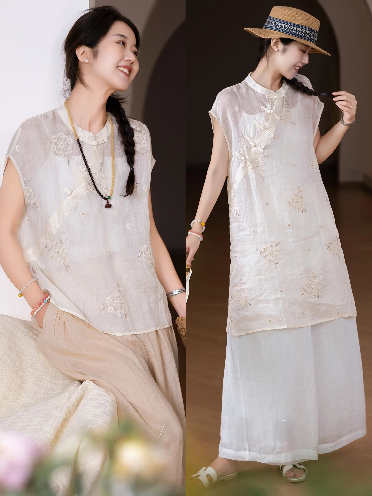 

Ele Breathable Fine Branch 00 Flax Heavy Embroidery Ball Flower Embroidery Chinese Sle Loose Fit Women's T-irt