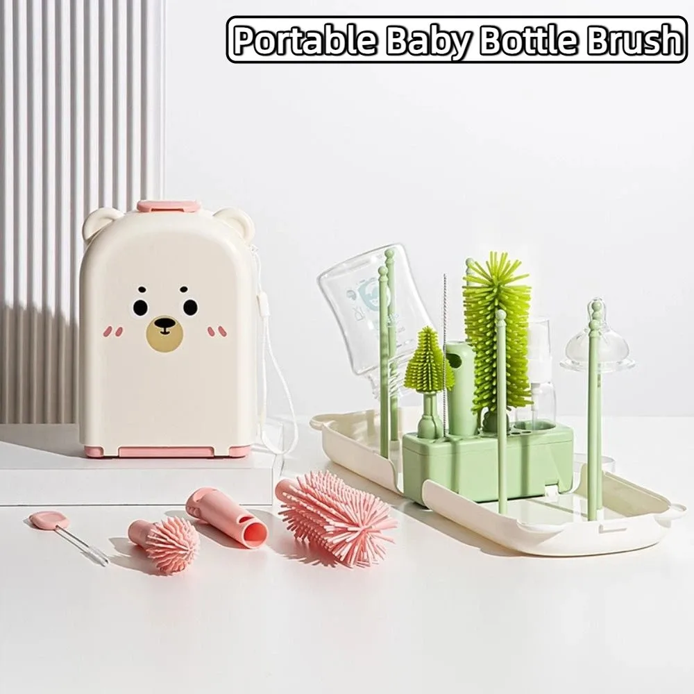 

6-in-1 Baby Bottle Brush Set Space Saving Built-in Drain Rack Nipple Straw Cleaning Brush Drying Rack Portable