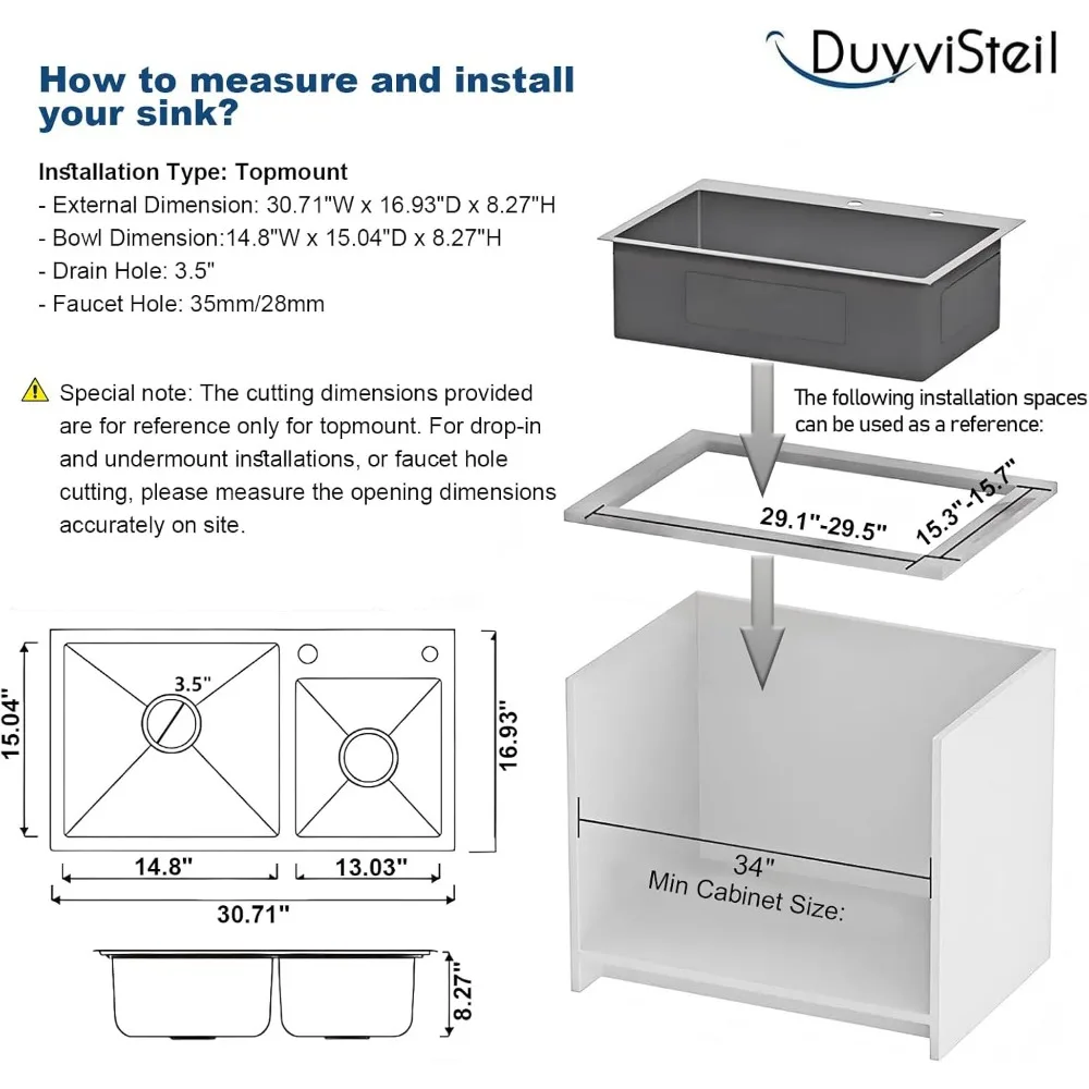 حوض مطبخ مزدوج من الفولاذ المقاوم للصدأ، 30.7 × 16.9 بوصة، مطلي بالنانو، قابل للسقوط والتركيب العلوي، مع أنابيب الصرف