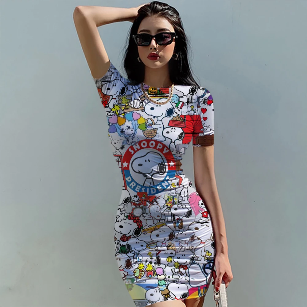 Snoopy Printed ladies dresses evening dress Bodycon Dresses for Women Short Sleeve Slim Bodycon Dress Casual Pencil Dress ﻿