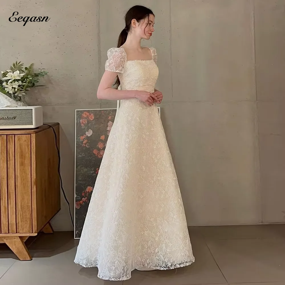 Gaun pernikahan renda A Line cantik gaun pengantin renda penuh lengan pendek jubah pemotretan Korea jubah de mariage disesuaikan