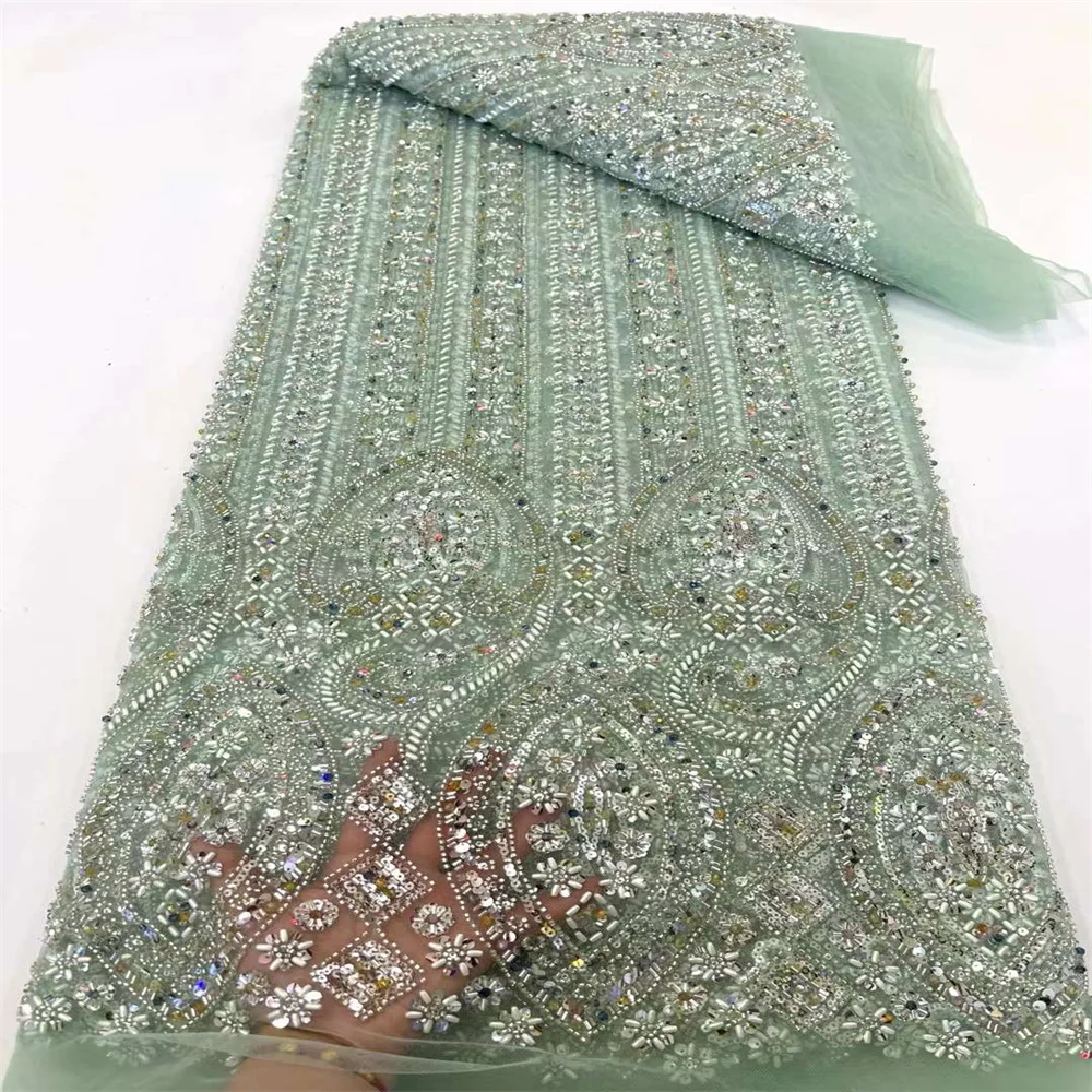 

African Handmade Heavy Sequins Tulle Lace Fabric 2024 High Quality French Luxury Beaded Lace for Bridal Wedding Dress Sew xc