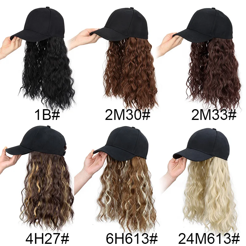 18Inch Synthetic Long Wavy Curly Hat Wig Extenison Adjustable Black Baseball Cap Fluffy Fake Hairpiece for Women Daily Use