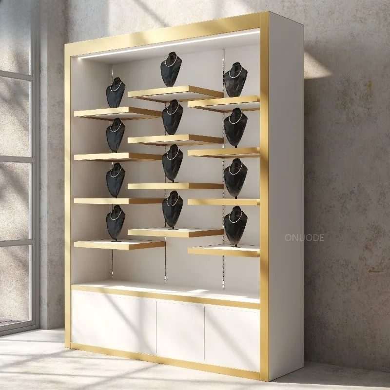 Luxury Custom Logo Light Emitting Diode Lighting New Design Tempered Glass Plywood Jewelry Store Cabinet Wholesale Retail Store
