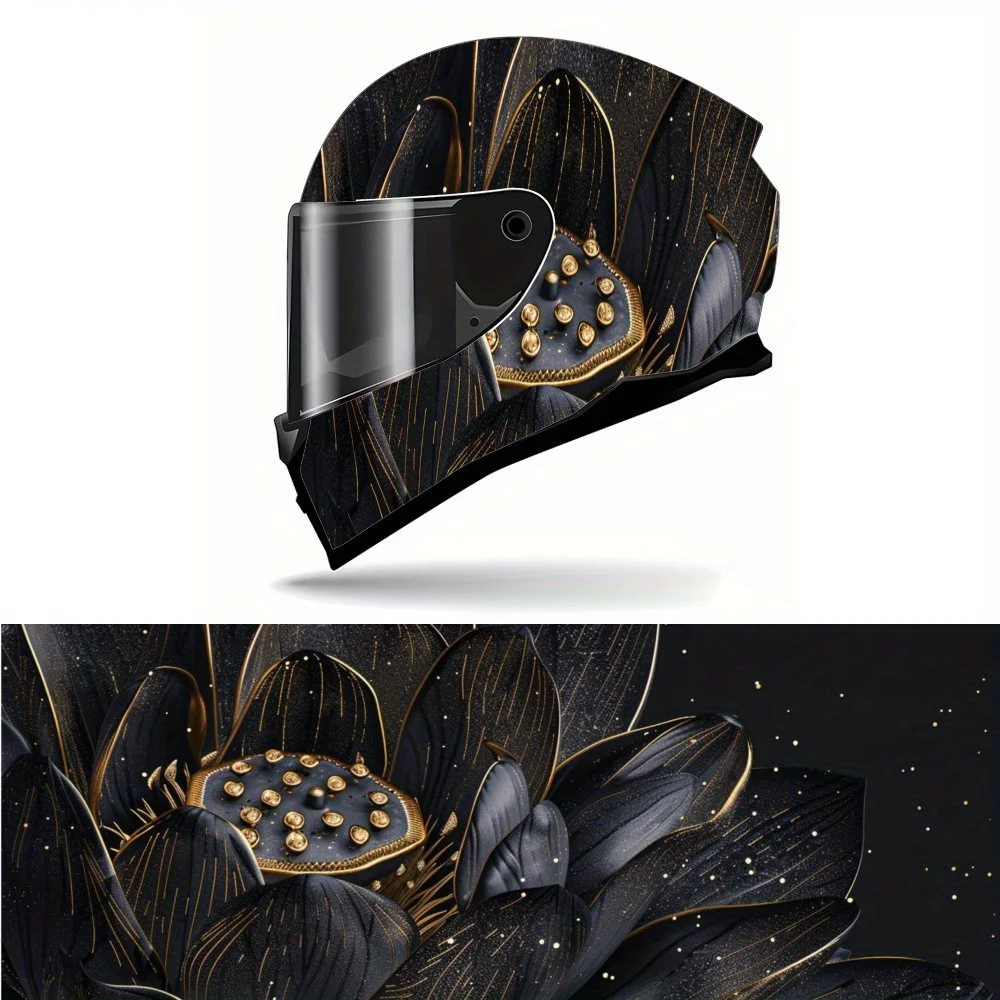 

Elegant Black and Gold Lotus Pattern Vibrant Floral Patterned PVC Motorcycle Helmet Vinyl Wrap, Self-Adhesive Waterproof Sticker