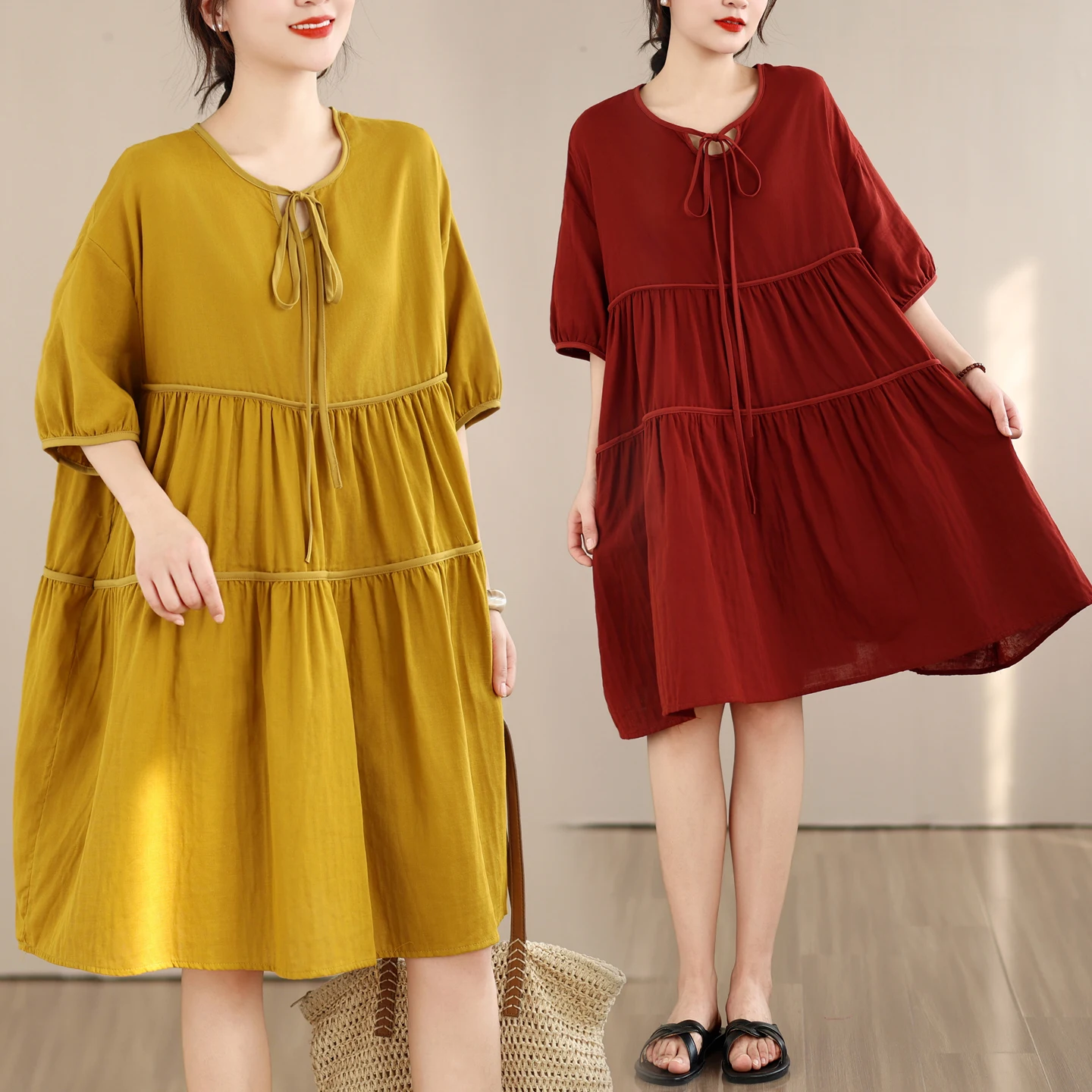 

Summer New plus Size Double Layer Cotton Rope Tie Loose Slimming Versatile Dress Artistic Style High Waist A-Line Skirt