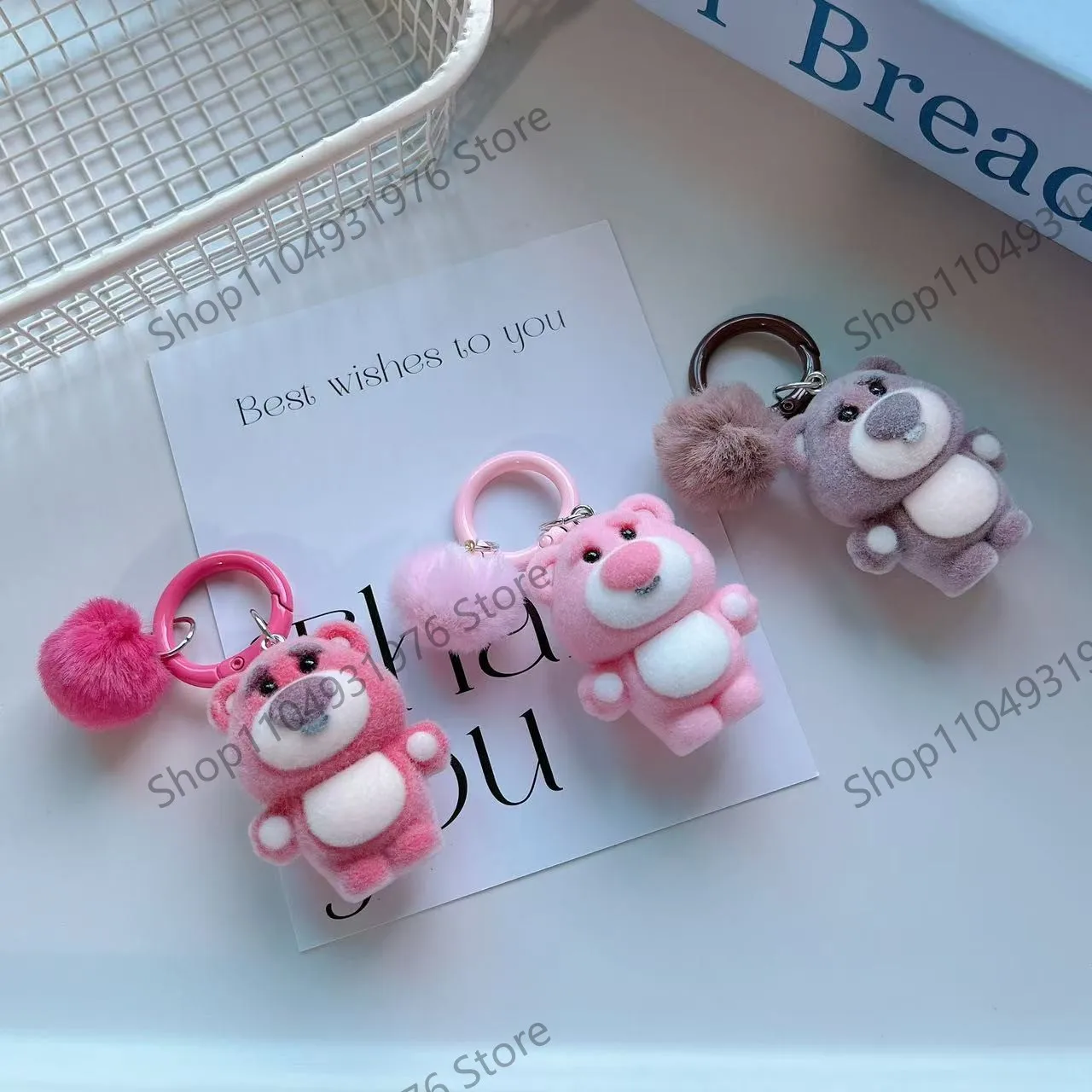 Disney Flocking Cute Pink Bear Keychain Ladies Bag Decoration  anime plush plush toys