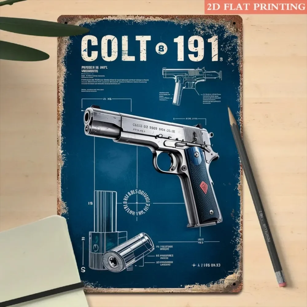 1pc 2D Flat Colt 1911 Metal Sign Vintage Blue Chart Aluminum Wall Decor for Garage Office Men Space Gift