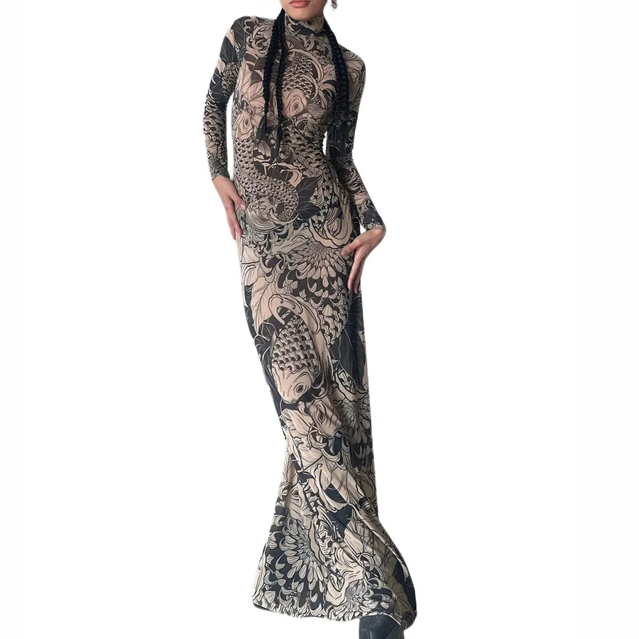 Kliou Mesh Vintage Print Maxi Dress Women Sexy Sheer Long Sleeve Stand Neck Thin Skinny Robe Female Trend Party Bodycon