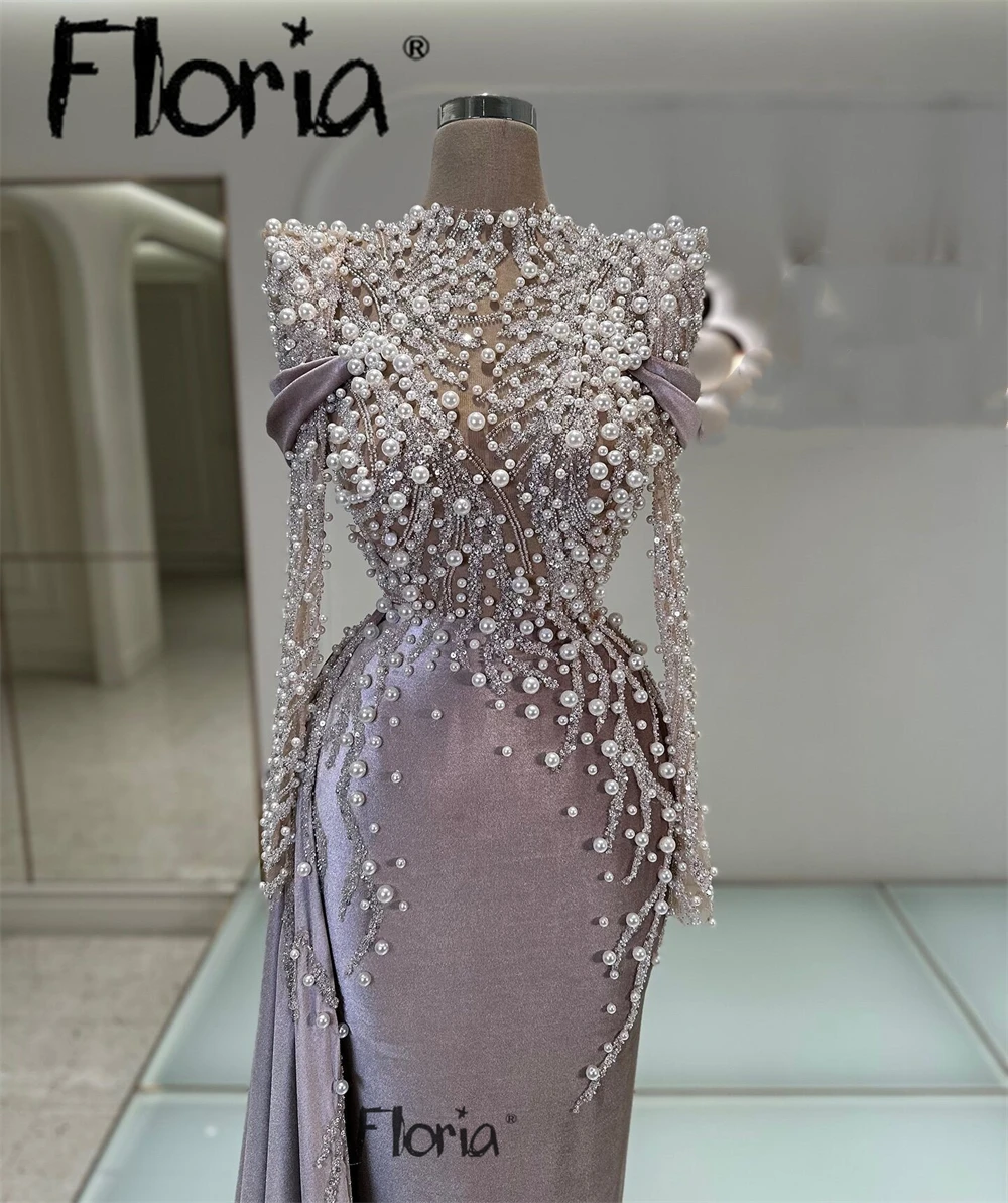 Floria Velvet Evening Dress Pearls Stone Embellished Wedding Reception Dinner Gowns Heavy Handmade Customized Vestido De Noiva