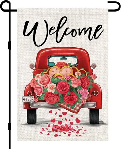 Welcome Valentines Day Garden Flags 12x18 Double Sided Burlap, Red Truck Love He IIX WZZ yyi