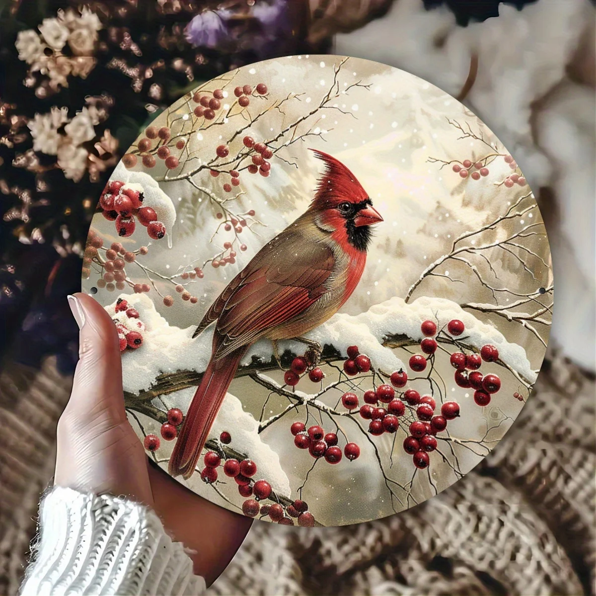 Winter Red Cardinal with Snowy Berries Round Metal Sign, 2D Flat Printed Christmas Bird Art Tin Plaque, Vintage Style Festive Ho