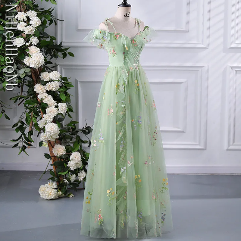 Vintage Green Prom Dresses Princess Homecoming Dress Romantic Floral Embroidery Women Vestidos De Noche