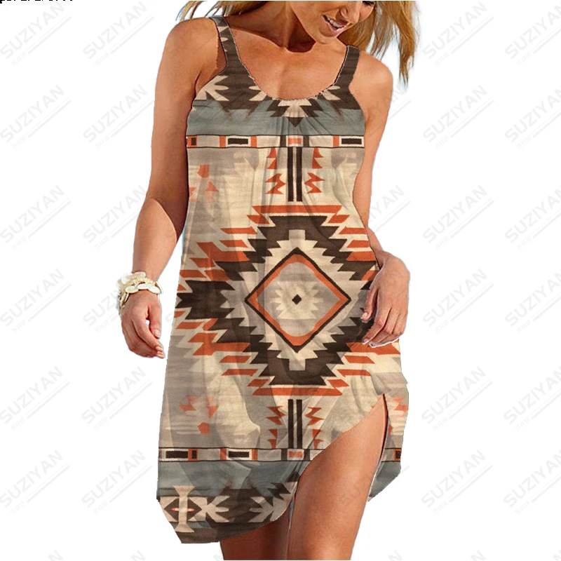 Tribal National Style 3D Printed Dress Female Fashion Loose Dress In Summer Round Neck Sleeveless Dress Outdoor Leisure Dress