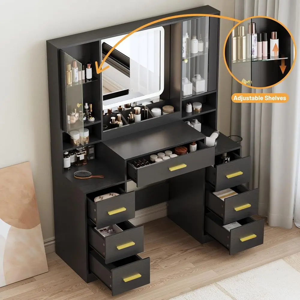 Makeup Vanity Desk with 7 Drawers, 2 Glass Cabinets, Mirror, Lights, Charging Station, Adjustable Shelves, RGB Lighting, Holder view 4