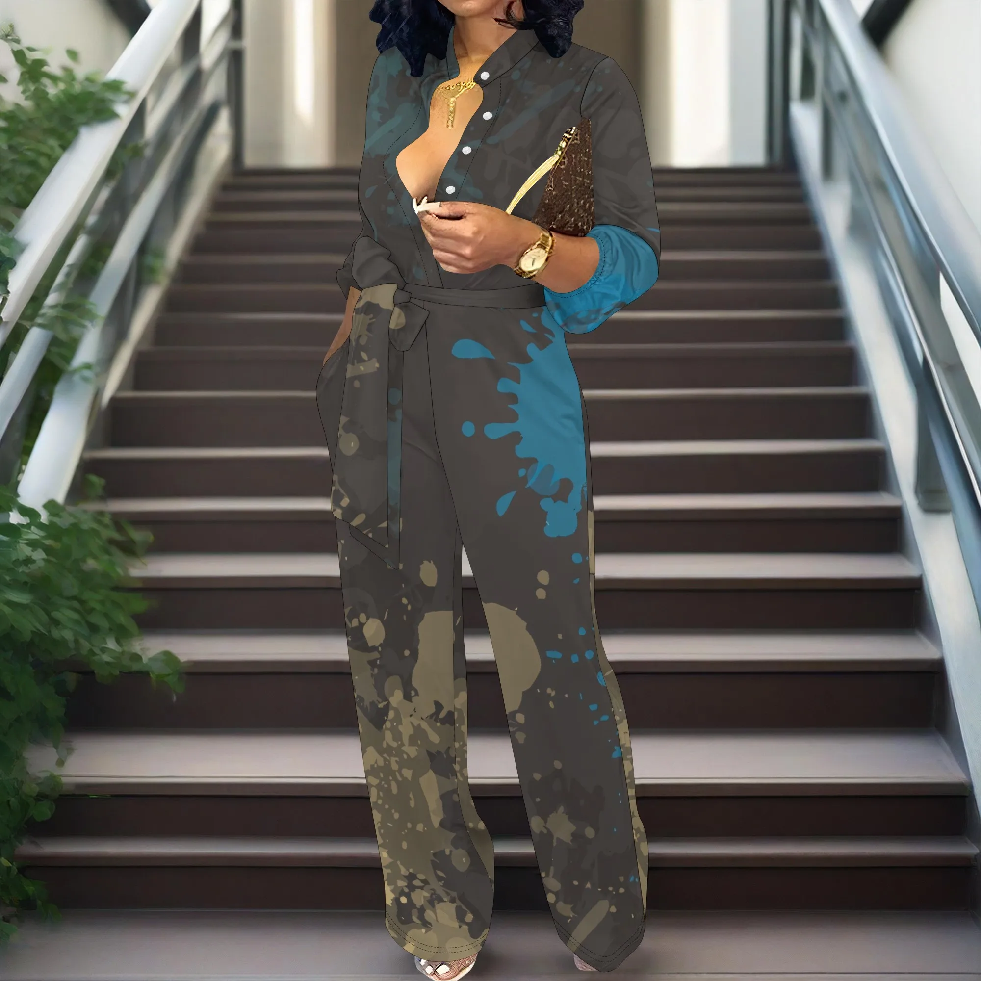 

Women’s Long Sleeve Jumpsuit Artistic Paint Print V Neck Belted One Piece Romper Casual Daily Wear