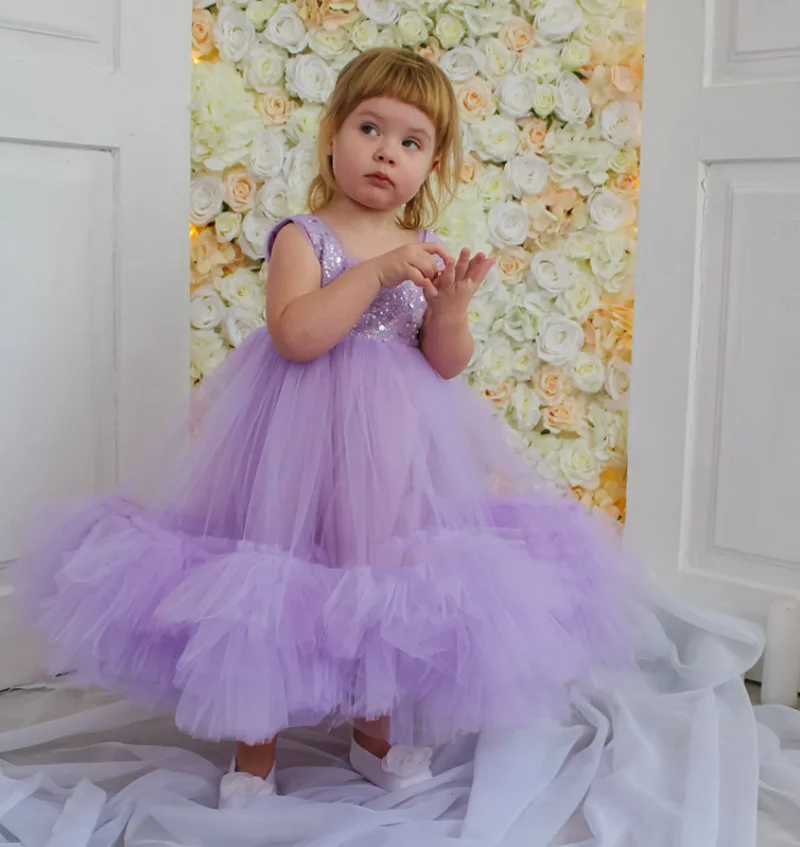 

Puffy Lavender Baby Girl Birthday Dress with Bow O Neck Layered Tulle Sequin Dance Gown Kid Wedding Flower Girl Dress