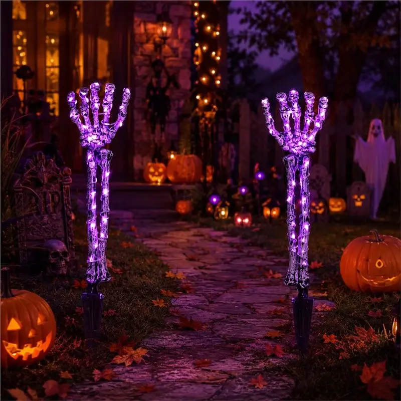 DT35 2PCS Halloween Solar Light Skeletons Hand Ground Stake Lights Purples LED Skeletons Lawn Lamp Outdoor Garden Yard Decor