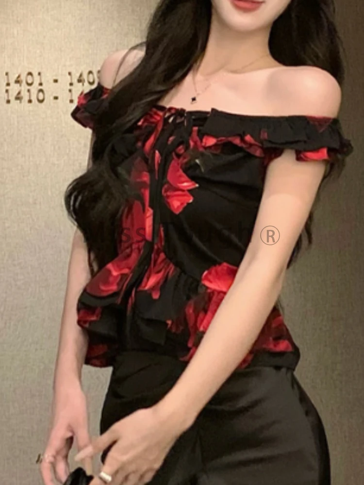 France Y2k Square Neck Slim 2 Piece Set Women Sexy Hot Chick Print Flounce Sleeveless Tops Female + Retro High Waist Thin Skirt