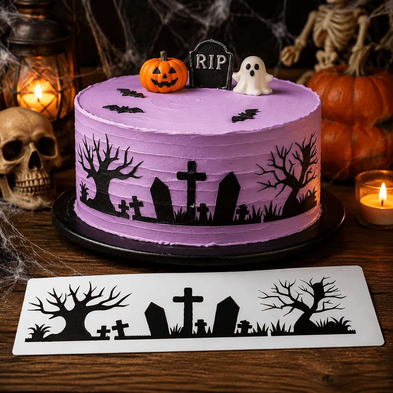 Halloween Hollow Cake Stencil, PET Food‑Grade Baking Decor Template with Spooky Elements for Cream Frosting DIY Party Decoration