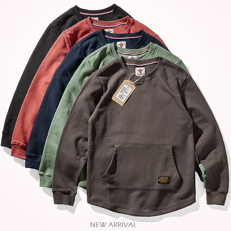 

Autumn Winter New American Retro Heavyweight Velvet Kangaroo Pocket Sweatshirts Men's Simple Pure Cotton Washed Casual Sportwear
