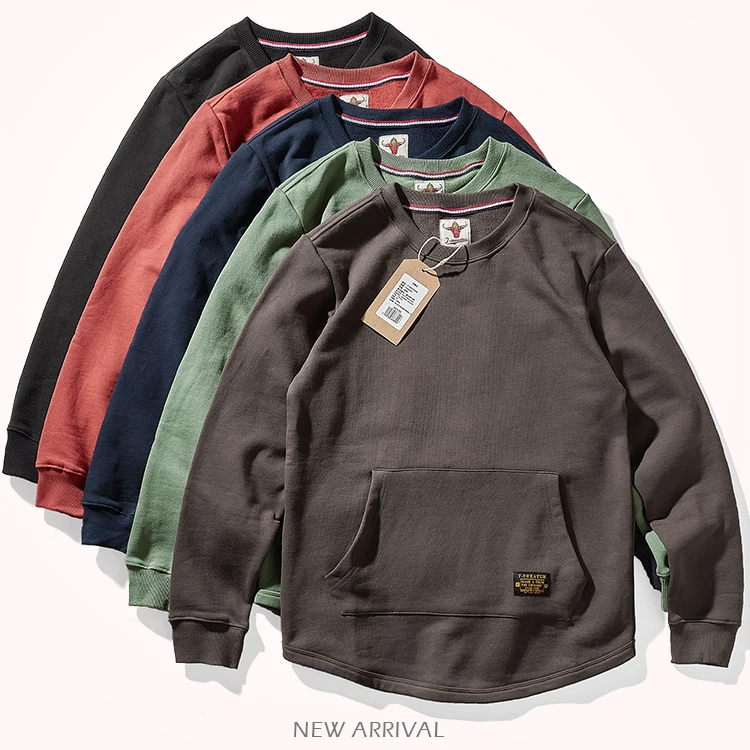 Autumn Winter New American Retro Heavyweight Velvet Kangaroo Pocket Sweatshirts Men's Simple Pure Cotton Washed Casual Sportwear