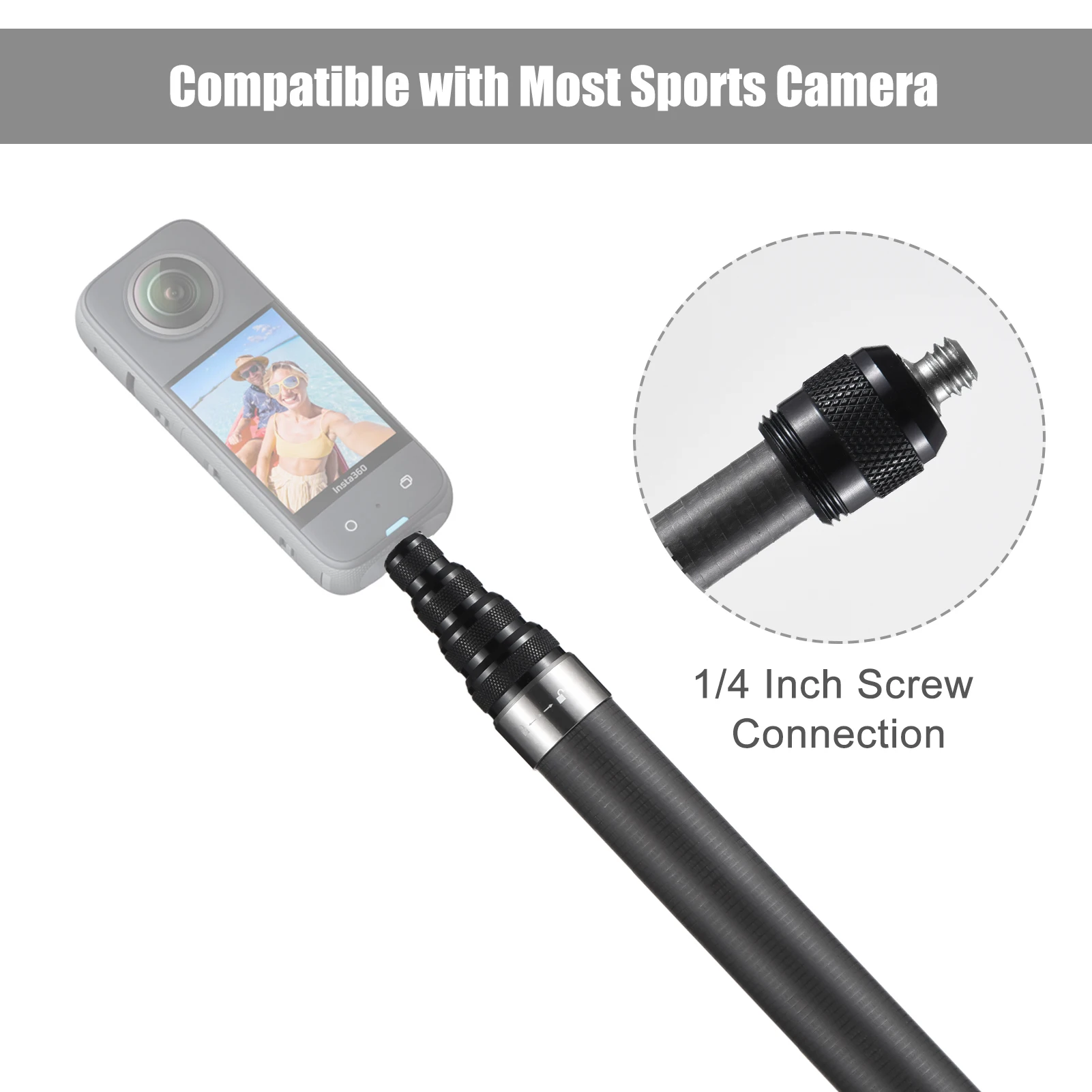 14.2-59in/17.9in-118in Portable Selfie Stick Carbon Fiber Camera Stand 1/4 Inch Screw Mount Compatible with Insta360 X2/X3