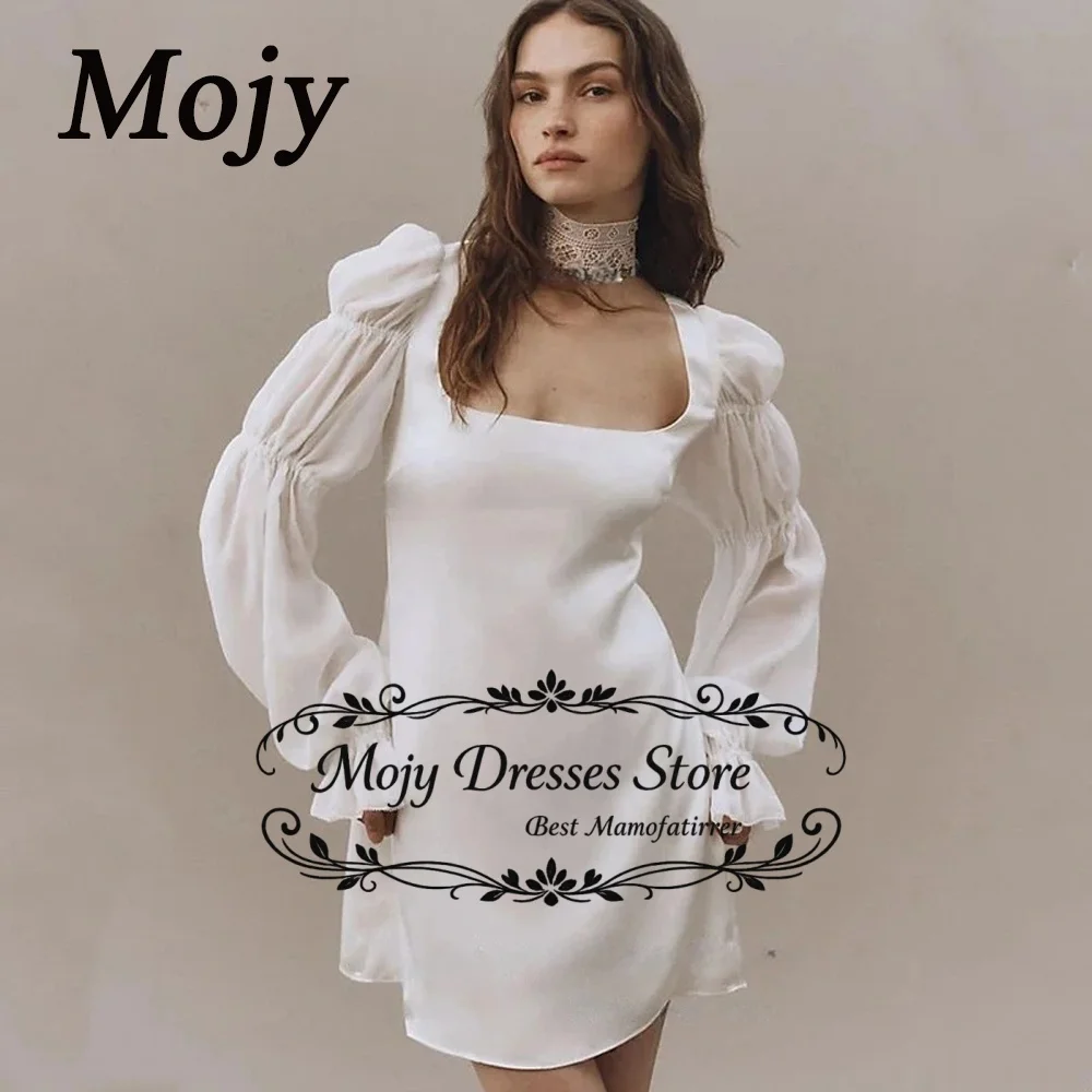 

Свадебное платье Moji 2026: Новинка, индивидуальный пошив, квадратный вырез, пышные рукава, мини-платье А-силуэта, атласное, для невесты, нарядное, 2026