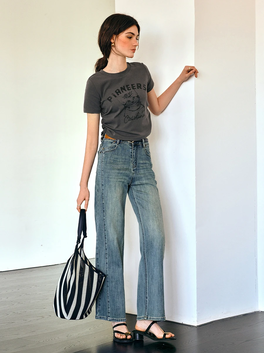 OLrain Women High Waist Blue Embroidery Jeans Summer 2025 Thin Wide Leg Trousers Slim Straight Pants O57XA96966