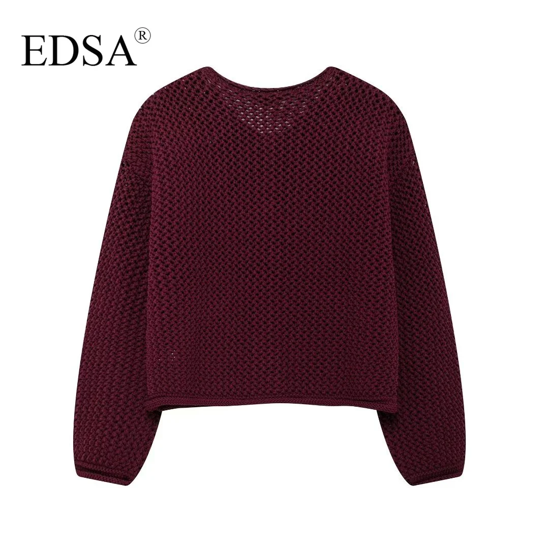 EDSA Women Vintage Solid Sweater O-Neck Long Sleeve Metal Button Knitted Cardigan Autumn Female Fashion High Street Top Coat