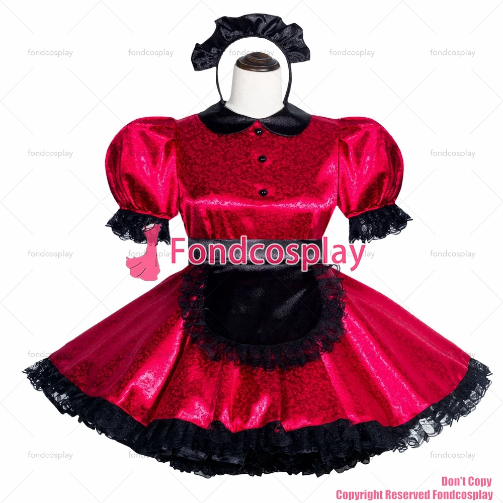 Fondcosplay adult sexy cross dressing sissy maid short French bloccabile Red Satin Dress Uniform Costume CD/TV[G4000]