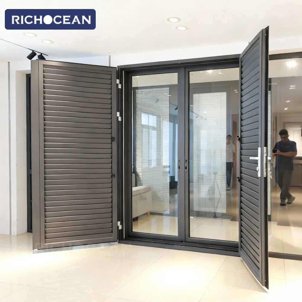 RICHOCEAN Minimalist Ventilating Aluminum Shutters Door Adjustable Blinds Louvered Doors for Exterior