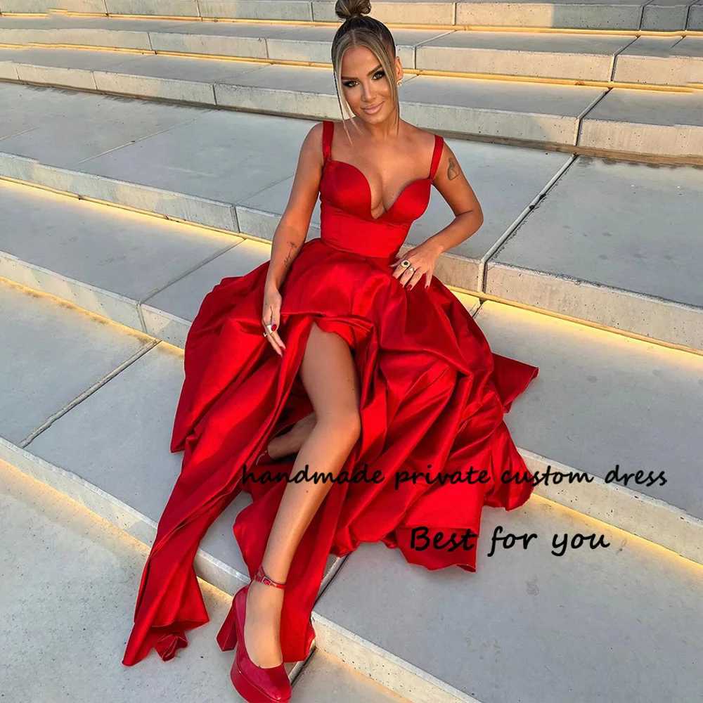 

Red Satin Prom Dresses with Leg Split Spaghetti Straps Sweetheart Evening Party Dress with Train Long Celebrate Event Gown