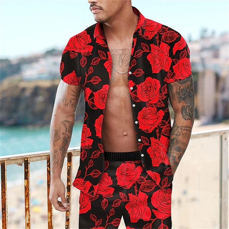 Beach Holiday Style Short Sleeve Shirt Shorts 2 Piece Set Summer Coconut Tree Print Single Breasted Shirt and Drawstring Shorts