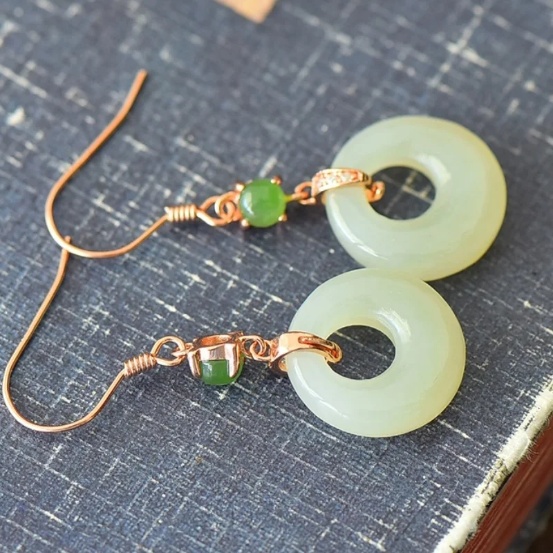 SGARIT Authentic Jadeite Hetian White Jade S925 Silver Inlay 15*39mm Donut Hook Earrings Simple Design Fine Texture Versatile