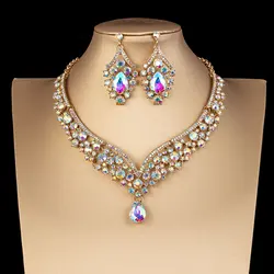 Luxury Crystal AB Color Choker Necklace Earrings Set Rhinestone Bridal Jewelry Sets for Bride Wedding Party Costume Bijoux Femme