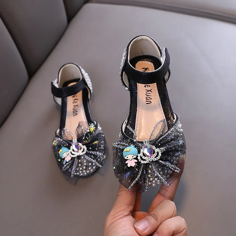 Summer Girls Rhinestone Princess Sandals Student Cute Bow Pearl Sequins Kid Princess Shoes Children's Wedding Sandals J294