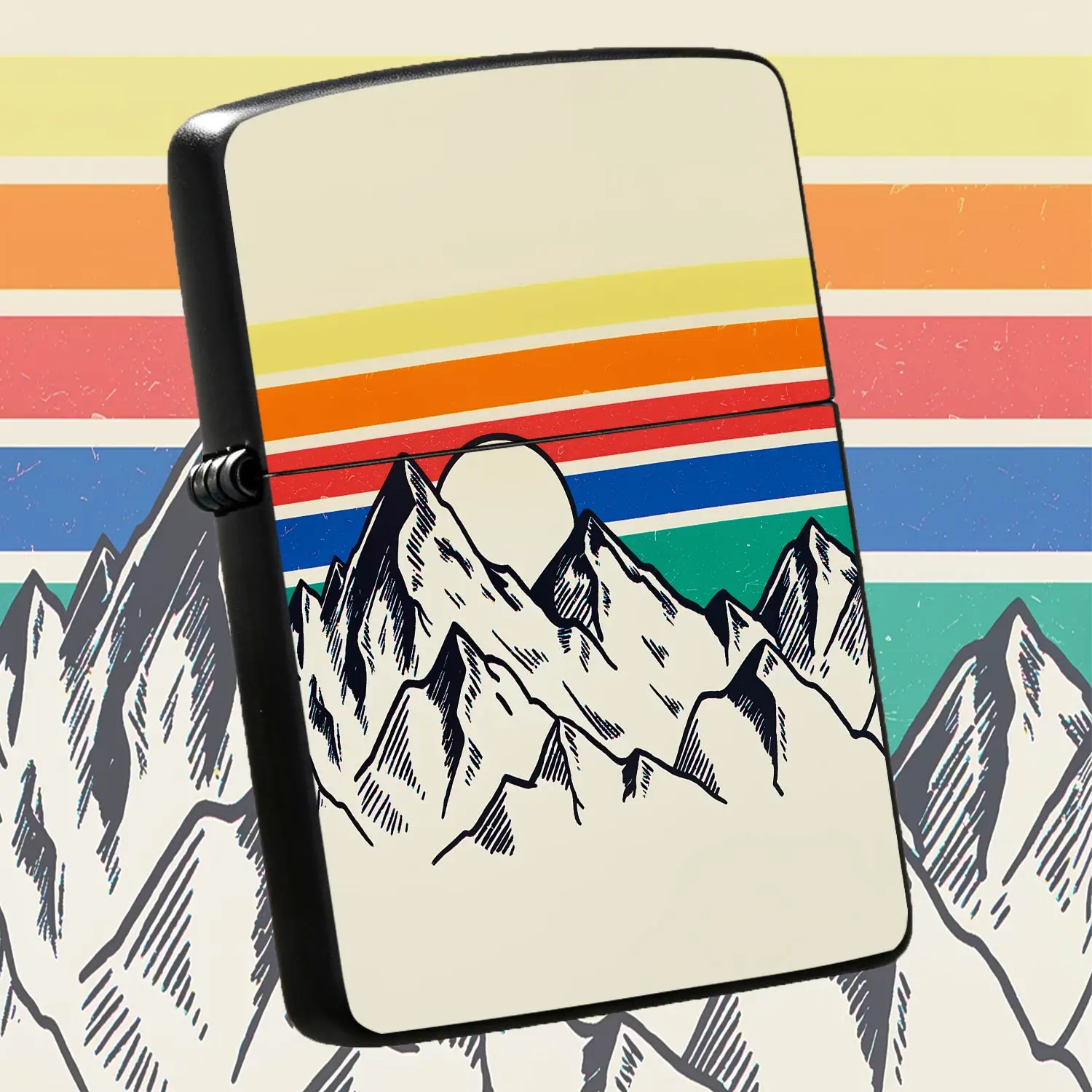 Vintage Mountain Sunset Portable Lighter Retro Rainbow Stripe Outdoor Wilderness Themed Daily Carry Lightweight Ideal For Camping Picnic Gifting To Friends Nature Lovers Unique Stylish Practical Everyday Use Item A Humorous And Interesting