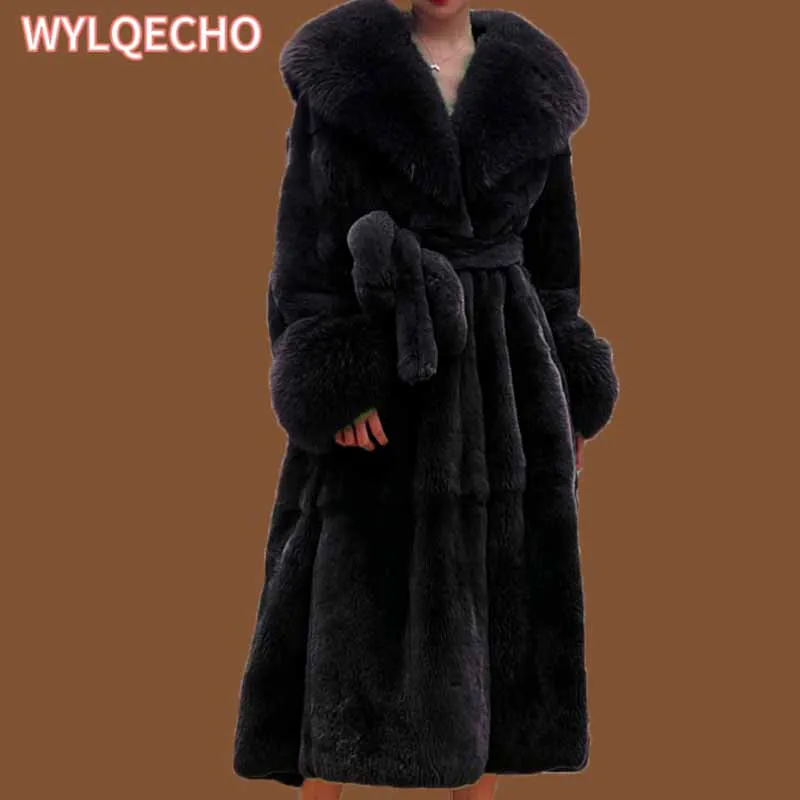 2023 Winter Fashion New Mid-Length Large Fur Collar Lapel Long-Sleeved Belt Loose Imitation Fur Thickened Warm Coat Women's Tide