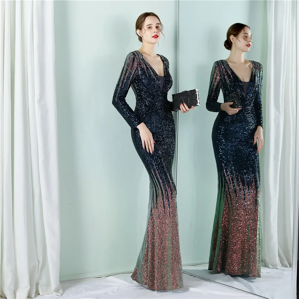 Evening Dress Navy Blue Golden Sequins Stretchy V-neck Full Sleeves Zipper Mermaid Trumpet Floor Length Women Party Formal Gown