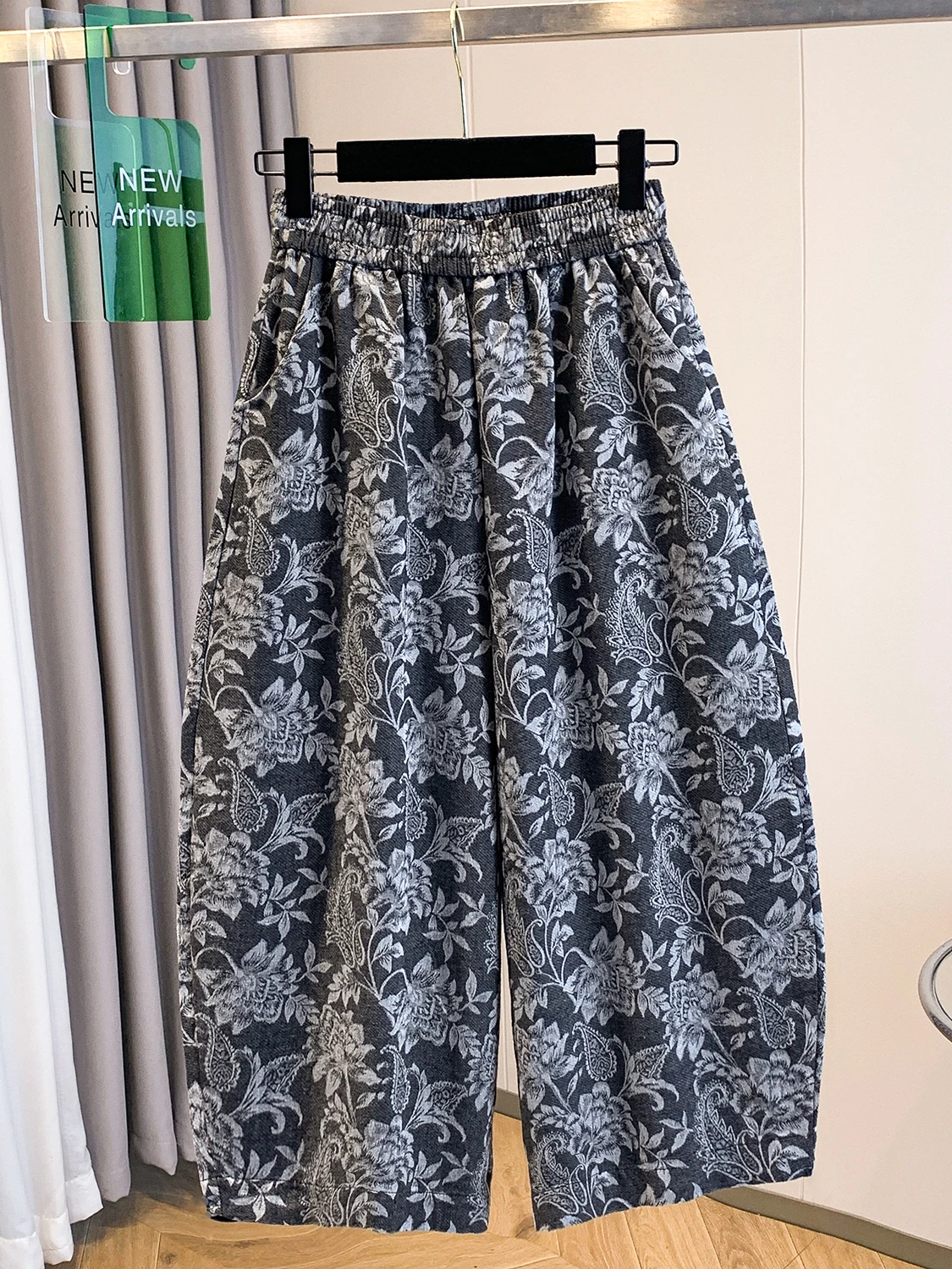 Retro-Hose aus schwerem Baumwollleinen mit elastischer Taille, schmal, gerade, lässig, Neun-Minuten-Hose mit weitem Bein, Blumenstickerei, lockere Passform