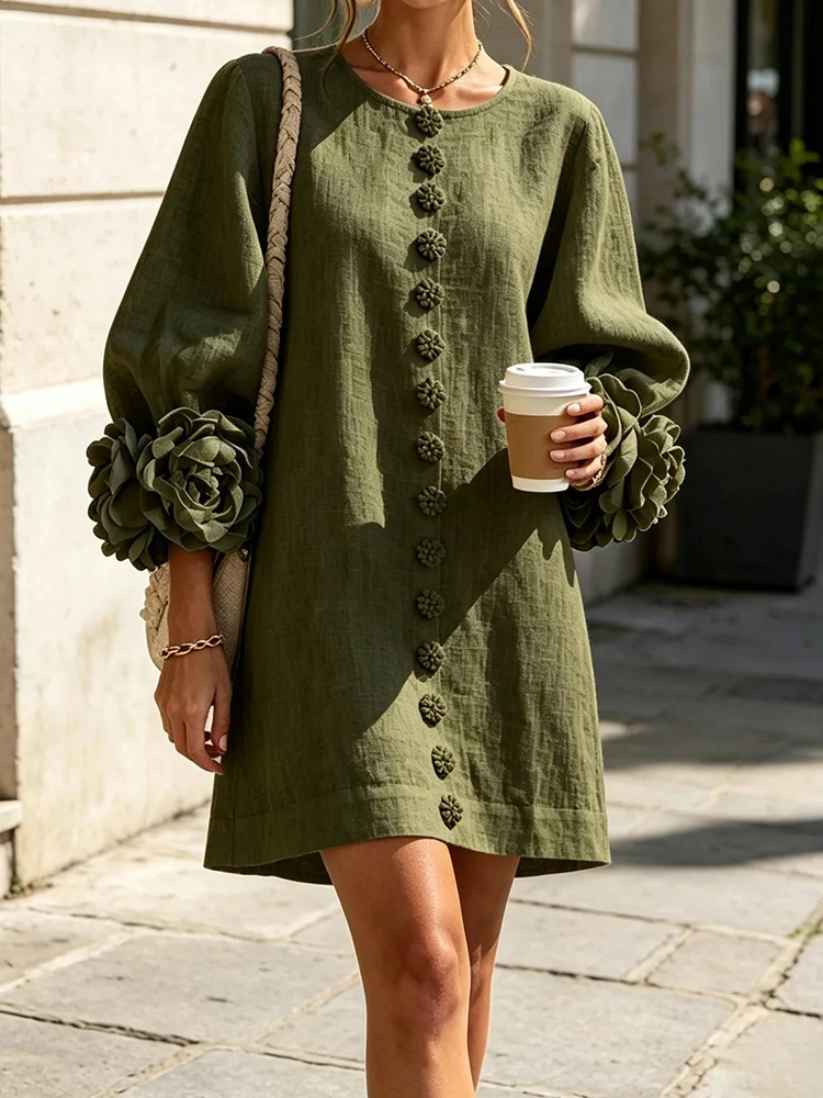 Elegant Round Neck Flowers Dress Lantern Sleeve Patchwork Casual Mini Dress Streetwear Women Spring Summer Buttons Vestido 2026