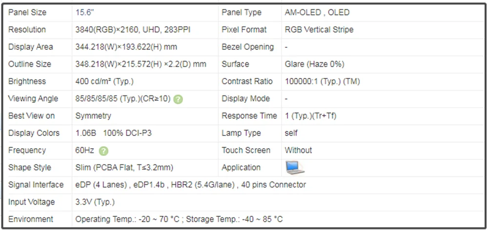 ATNA56WR01-002 15.6 inch OLED Screen Laptop IPS Panel EDP 40pins 4K UHD 3840x2160 400 cd/m² (Typ.)  100% DCI-P3