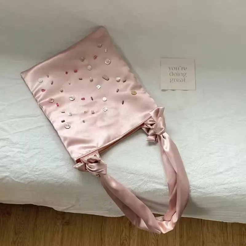 

Красочная розовая сумка в стиле Харадзюку с драгоценными камнями, женская нежная атласная сумка на пуговицах, женская большая вместительная эстетичная сумка на плечо Y2k