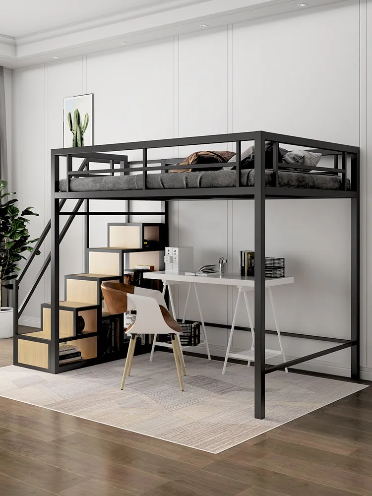 Simple modern space-saving wrought iron bed Double Under table Duplex second floor bed Double upper empty elevated bed